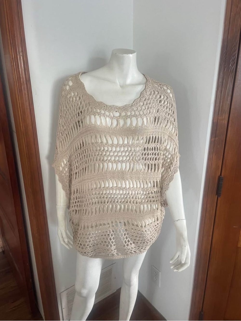 Beige Crochet Open-Knit Short Sleeve Top